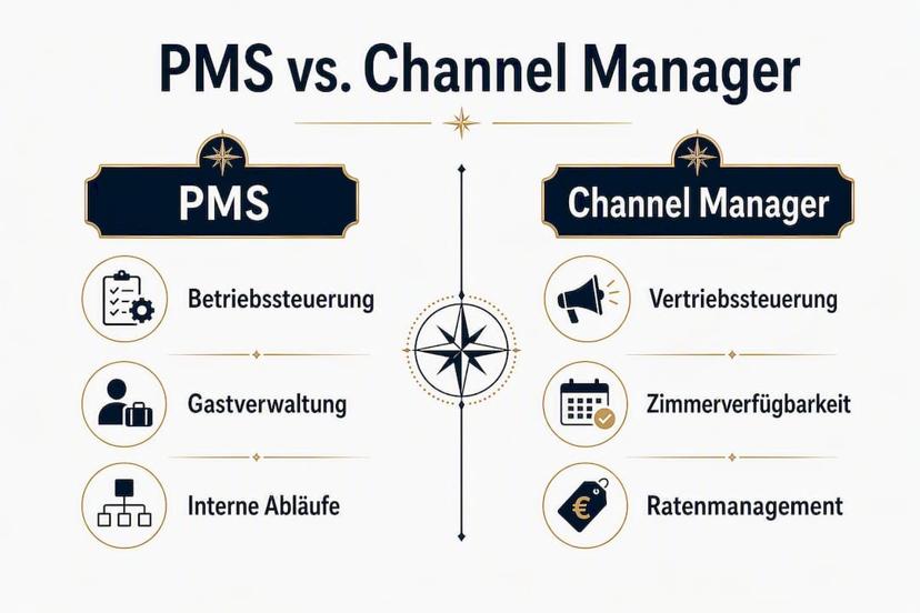 Übersichtsgrafik: Unterschiede zwischen PMS und Channel Manager im direkten Vergleich